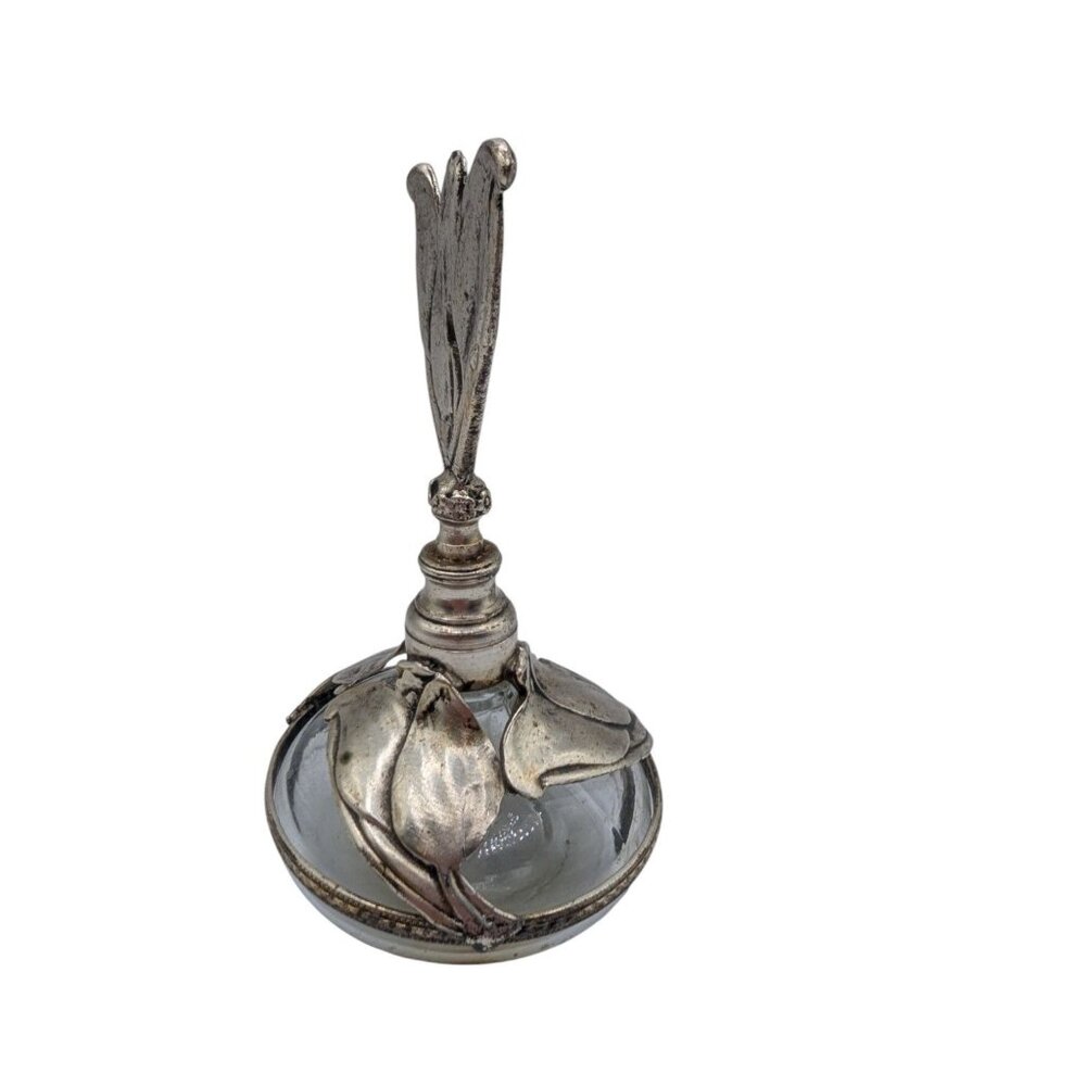 Vintage Silver-Plated Floral Tulip Perfume Bottle With Glass Dropper 6" Tall Ele - Picture 6 of 12